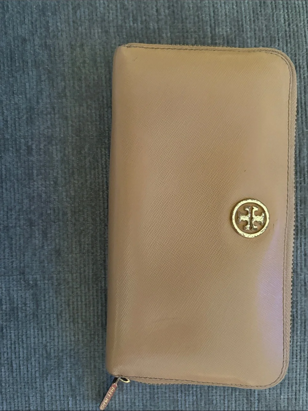 Tory Burch Tan Zip-Around Wallet with Gold Emblem